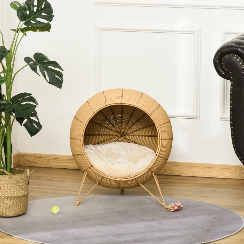 PawHut 20.5" Rattan Cat Bed, Wicker Elevated Round Condo for Comfort and Circulation with Cushion