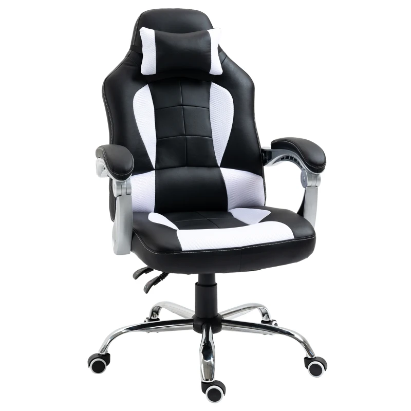 HOMCOM High Back Office Chair, Executive Racing Gaming Chair, Adjustable Recliner with Removable Headrest Pillow for Office, White and Black