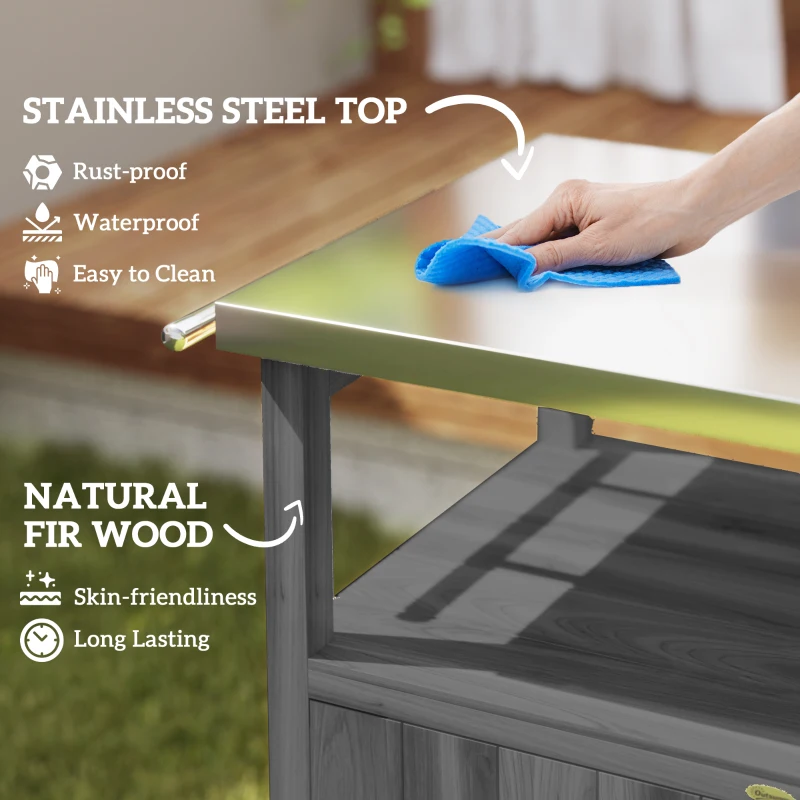 Outsunny Outdoor Grill Cart with Stainless Steel Top, Solid Wood Outdoor Kitchen Island with Wheels, Integrated Hole, Dark Gray