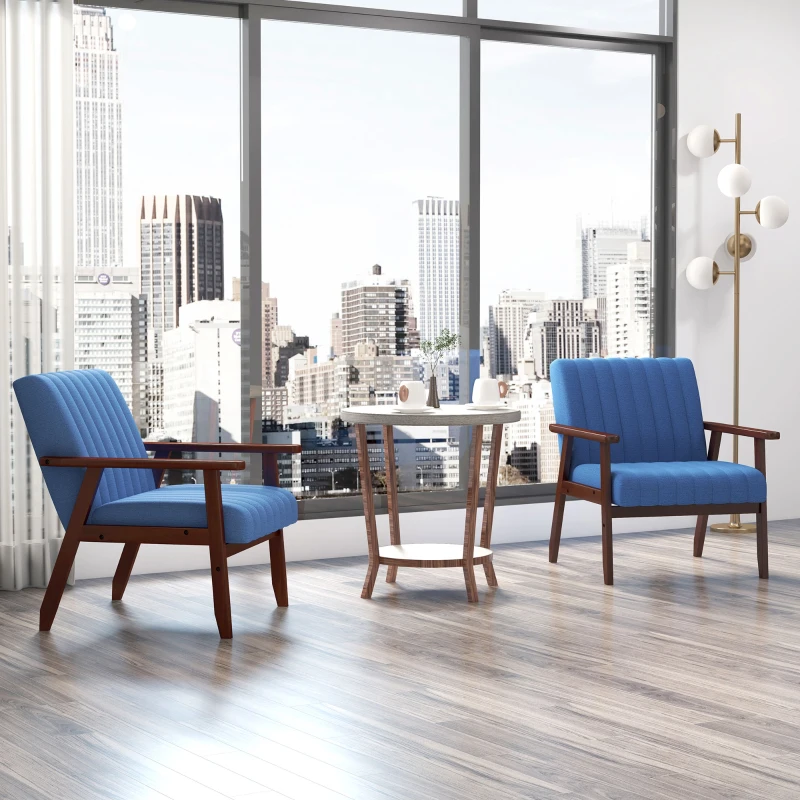 HOMCOM Set of 2 Accent Chairs, Modern Upholstered Armchairs for Living Room with Wooden Legs and Tufting Design, Dark Blue