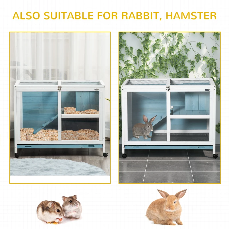 PawHut Indoor Rabbit Hutch with Wheels, Bunny Cage Guinea Pig House W/ Top Access, Ramp, Pull Out Tray, Blue