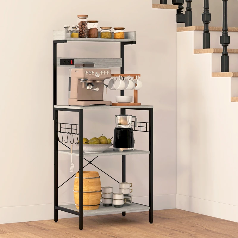 HOMCOM Kitchen Baker's Rack with Power Outlet, Coffee Bar Station with Adjustable Shelves and Hooks, Distressed Grey
