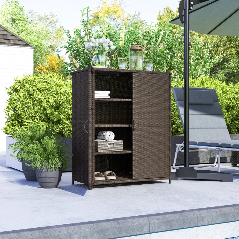 Outsunny Rattan Wicker Outdoor Storage Cabinet with 4 Shelves and 2 Doors for Garden Pool Towel Storage, Coffee