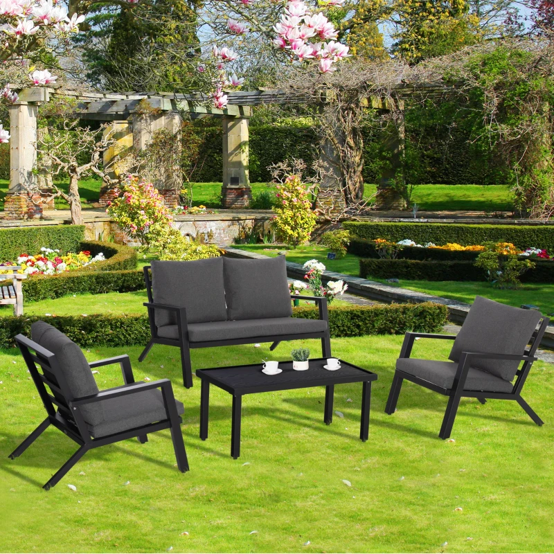 Outsunny 4 Piece Patio Furniture Set, Outdoor Conversation Set with Armchairs, Loveseat, Coffee Table and Cushions for Backyard, Poolside, Lawn and Garden, Black