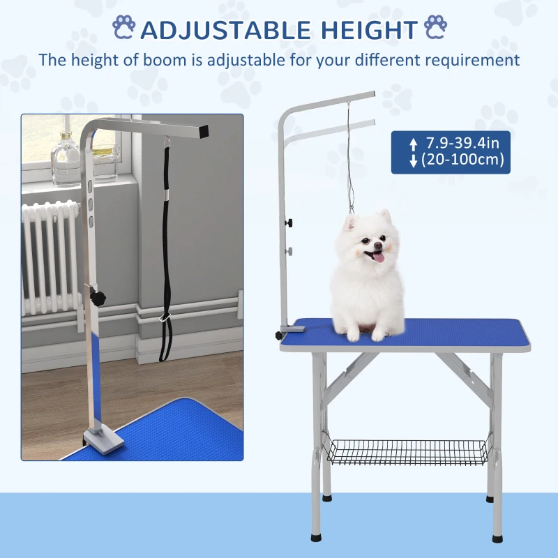 PawHut Foldable Grooming Table for Dogs with Height Adjustable Grooming Arm, Storage Shelf, Blue