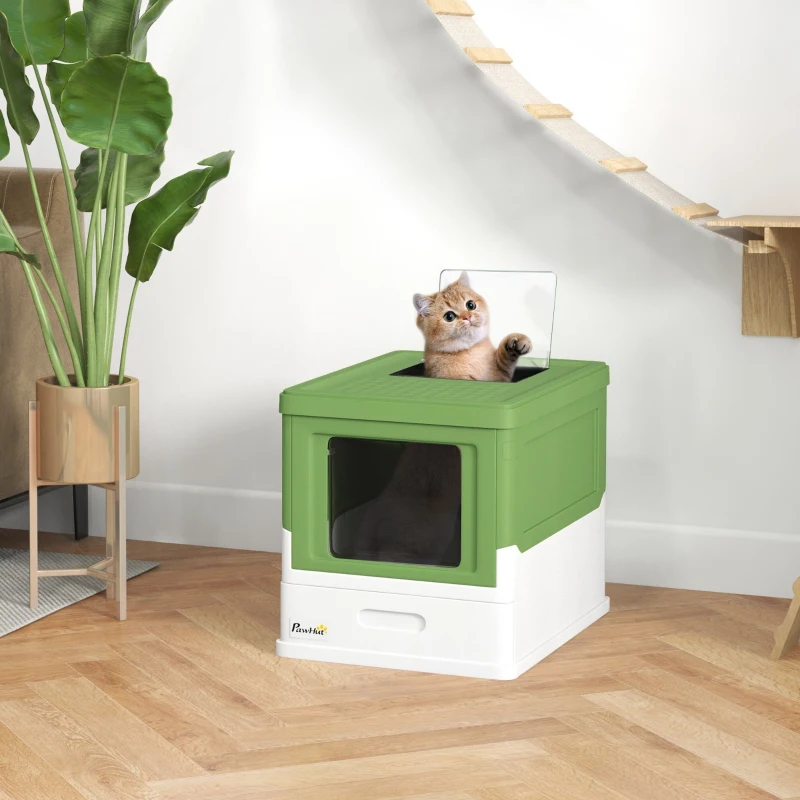 PawHut Fully Enclosed Cat Litter Box with Front Entry, Top Exit, Yellowish Green