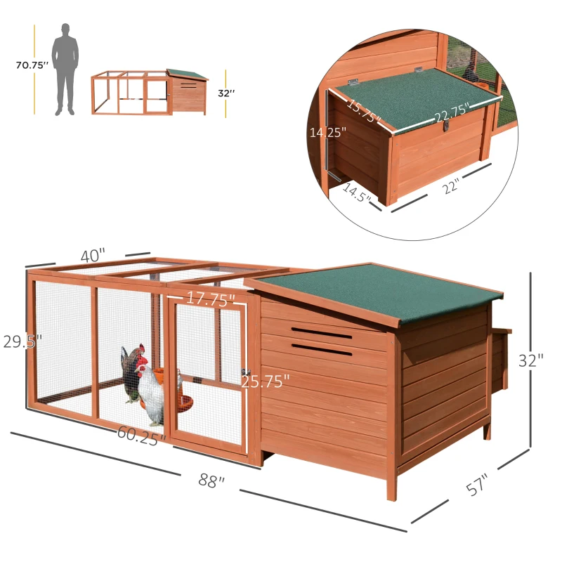 PawHut 88" Large Wooden Chicken Coop Outdoor Hen House Poultry Cage Pen Backyard with Run, Nesting Box, Waterproof Roof and Removable Tray, Natural