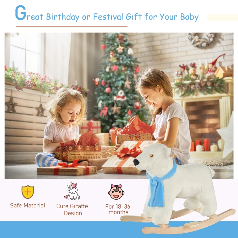 Qaba Kids Ride On Rocking Horse with Soft Polar Bear Body, Fun Roaring Sound, & Safety Handlebars/Footrests