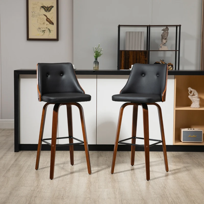 HOMCOM Bar Height Bar Stools, PU Leather Swivel Barstools with Footrest and Tufted Back, Set of 2, Black
