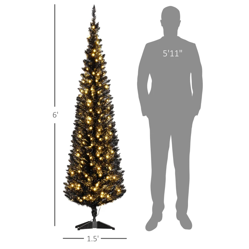 HOMCOM 6ft Pencil Christmas Tree, Slim Artificial Christmas Tree with Realistic Branches and Warm White LED Lights, Black