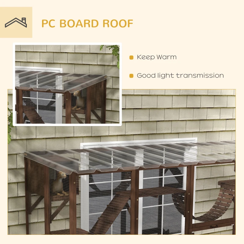 PawHut Large Outdoor Catio with Condos, Platforms, Doors, Ladders, Weather-Resistant Roof, Espresso