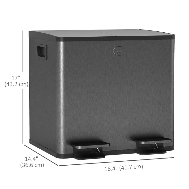 HOMCOM Dual Garbage Bin, Soft-Close Trash Can with Foot Pedal, 2 x 15 Liter Garbage Can with Removable Inner Buckets, Black