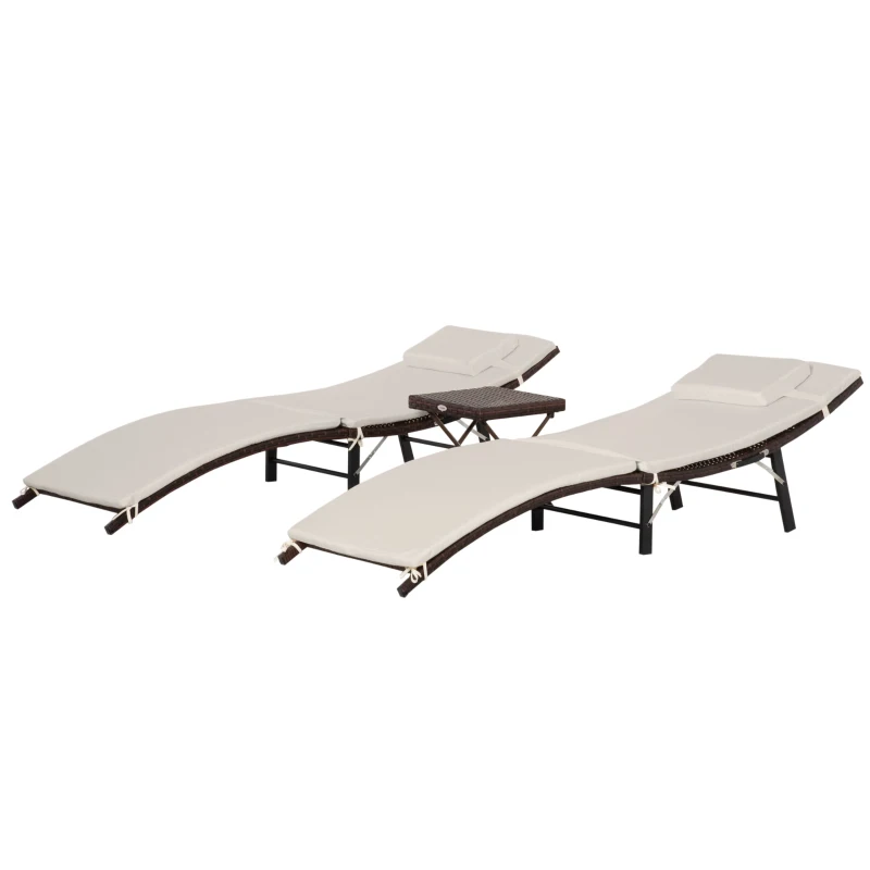 Outsunny Patio Chaise Set, Set Of 2 Folding Pool Lounge Chairs with Side Table, Outdoor PE Rattan Wicker, Cushion, Pillow for Beach, Beige