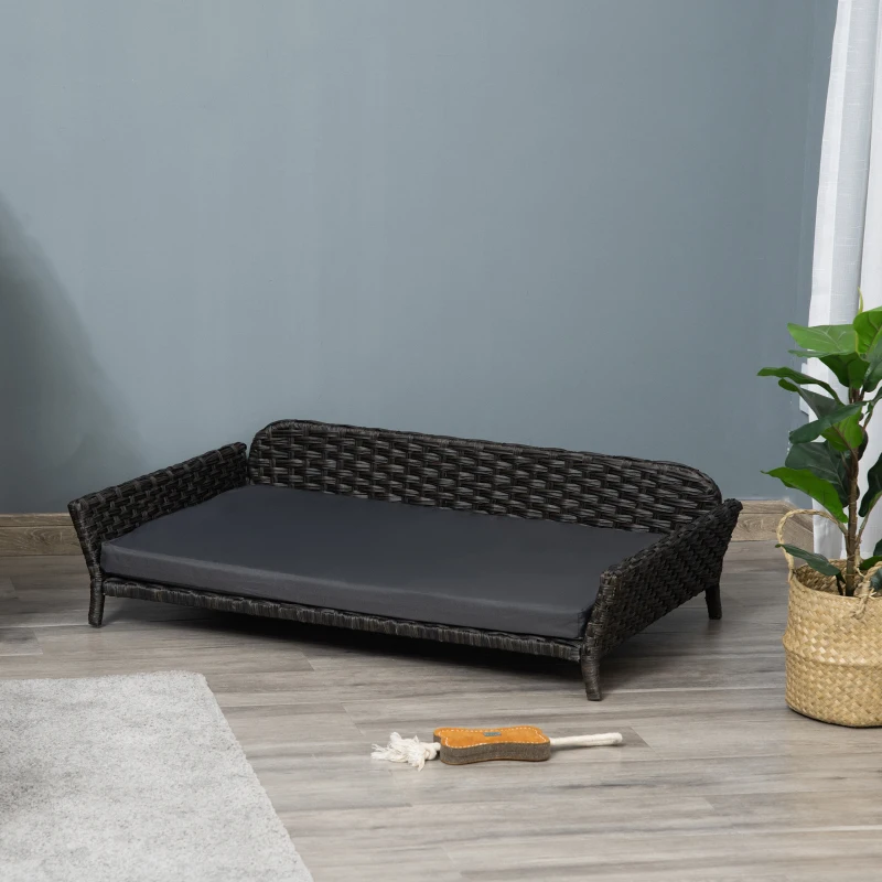 PawHut Elevated Rattan Dog Bed with Steel Frame, Handwoven Wicker Pet Bed with Water Resistant Cushion, Dog Bed Outdoor for Large Medium Dog, Charcoal Gray