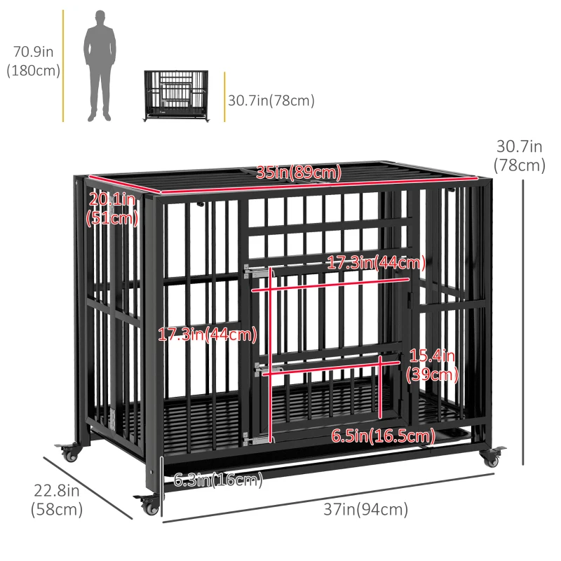 PawHut 37" Heavy Duty Dog Crate, Foldable Dog Cage on Wheels with Double Locks, Removable Tray, Openable Top, Double Doors, Indoor Outdoor Use, for Small and Medium Dogs - Black