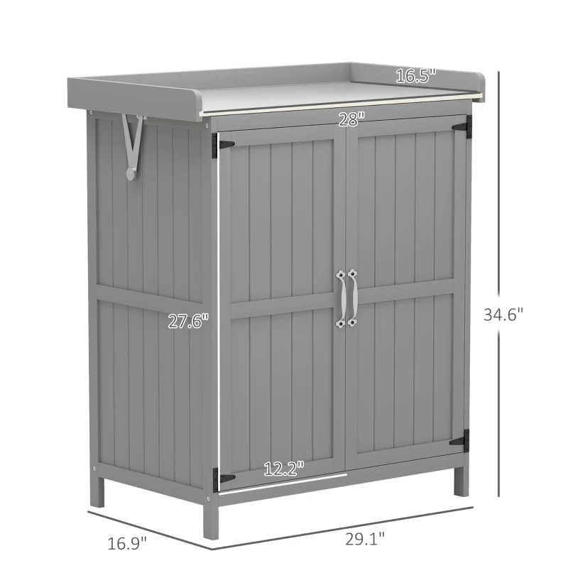 Outsunny Outdoor Storage Cabinet, Garden Tool Shed with Metal Tabletop and Shelf, Wooden Potting Bench with 2 Doors, Gray