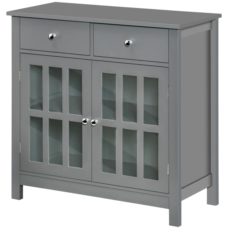HOMCOM Sideboard Buffet Cabinet, Accent Kitchen Cabinet with Glass Doors, Adjustable Shelf and 2 Drawers for Kitchen, Gray