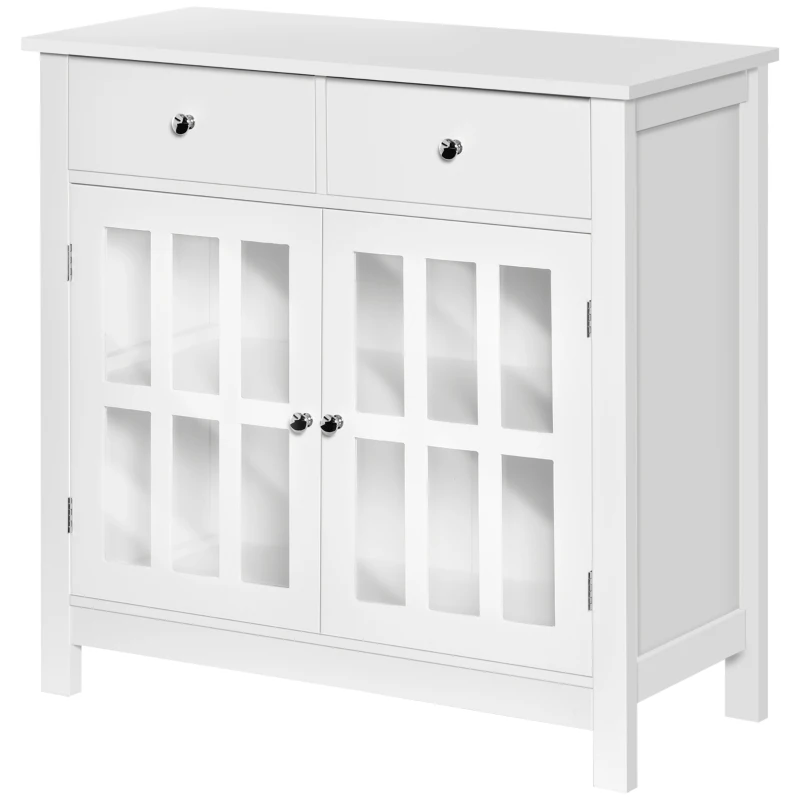 HOMCOM Sideboard Buffet Cabinet, Storage Cupboard with Glass Doors, Adjustable Shelf and 2 Drawers for Kitchen, White