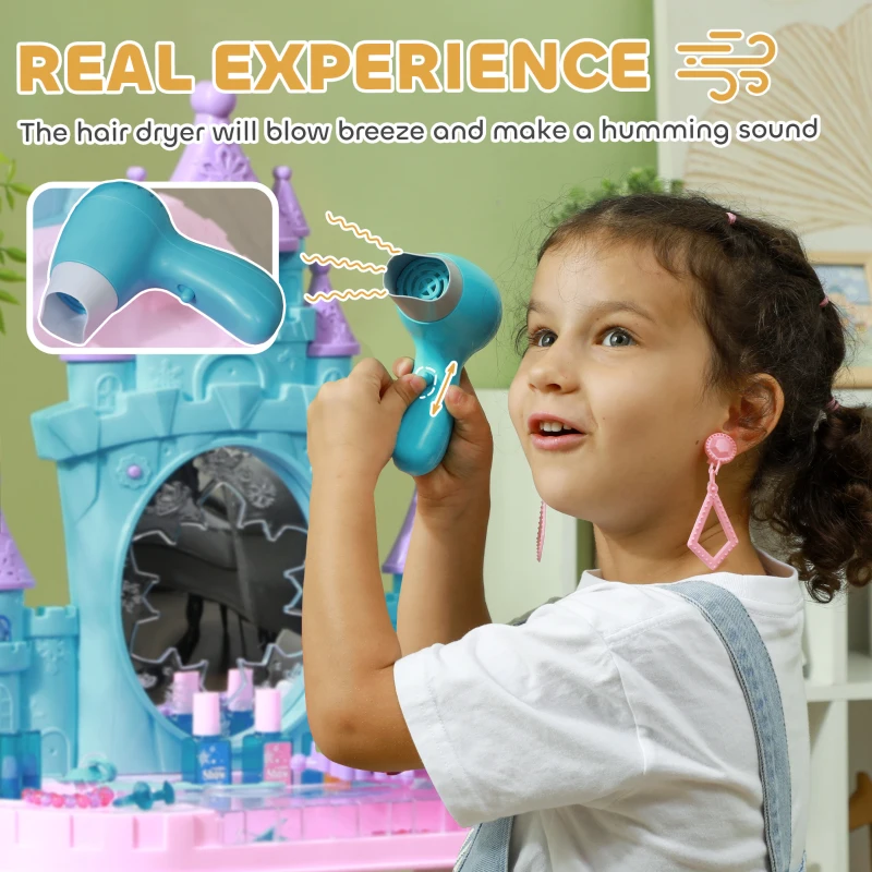 Qaba Kids Vanity Set with Mirror and Stool, Light, Music, Castle Design Makeup Table for Girls 3-6 Years, Multicolor