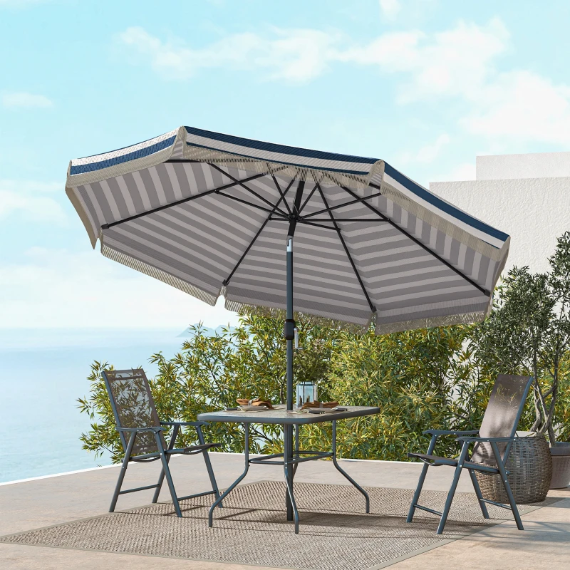 Outsunny 9ft Patio Umbrella Outdoor Table Umbrella w/ Tilt, Crank, Ruffled, 8 Ribs for Garden, Deck, Pool, Blue Stripe