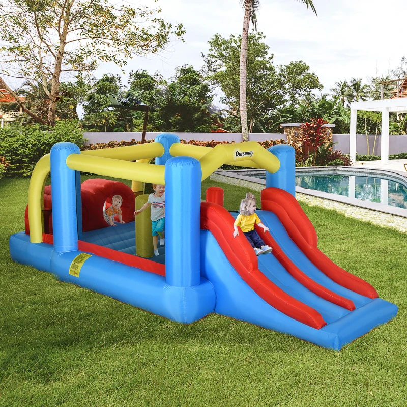 Outsunny Kids Inflatable Bounce House 4-in-1 Jumping Castle with Double Slides, Obstacle Course, Climbing Walls, & Trampoline, 750W Air Blower Included