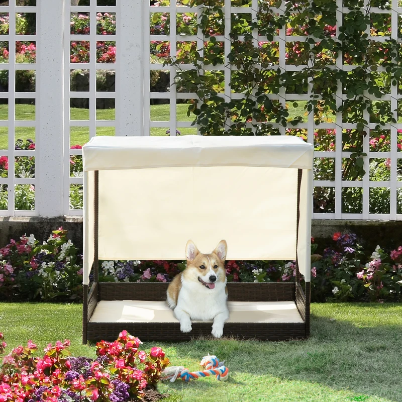 PawHut Wicker Dog House Elevated Pet Bed with Shade Canopy for Medium Large Dogs Indoor Outdoor with Cushion, 36" x 28" x 32"