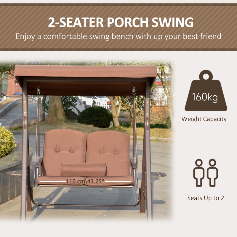 Outsunny 2-Person Patio Swing Outdoor Swing Chair Canopy Swing with Adjustable Shade, Soft Cushions, Throw Pillow and Tray for Garden, Poolside, Backyard, Brown
