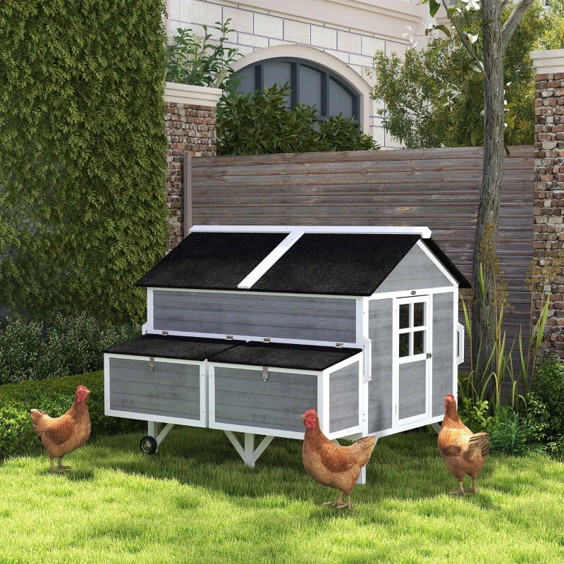 PawHut 59" Wooden Chicken Coop w/ Wheels, Handles, 2 Nesting Boxes, 2 Trays, 4 Perches, Chicken Tractor for 4-6 Chickens, Gray