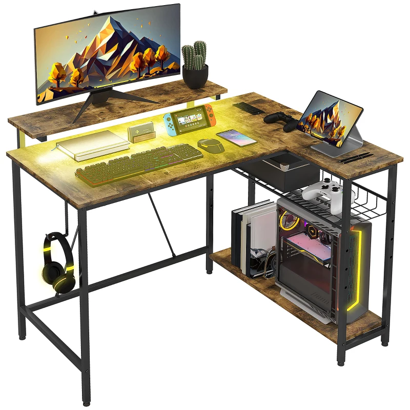 HOMCOM Reversible L Shaped Desk with Lights, Power Outlet, USB Ports, Corner Desk with Storage for Home Office, Brown