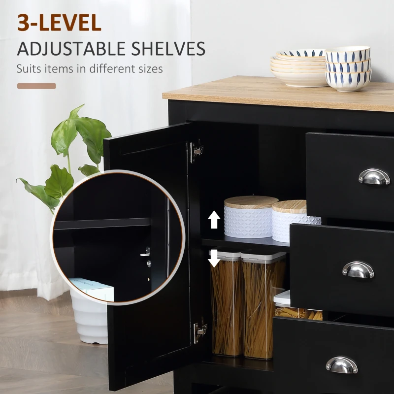 HOMCOM Kitchen Sideboard with Adjustable Shelves, Buffet Cabinet, Coffee Bar Cabinet with 3 Storage Drawers, Black
