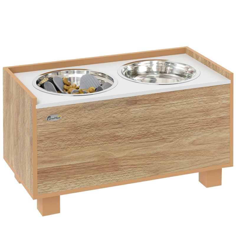 PawHut Elevated Dog Bowls with Slow Feeder Dog Bowl, Stainless Steel Food Water Bowl, Storage for Large Sized Dog, Oak