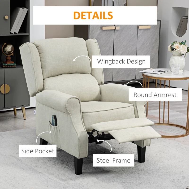HOMCOM Vibrating Massage Recliner Chair with Heat, Wingback Push Back Reclining Chair for Living Room, Beige