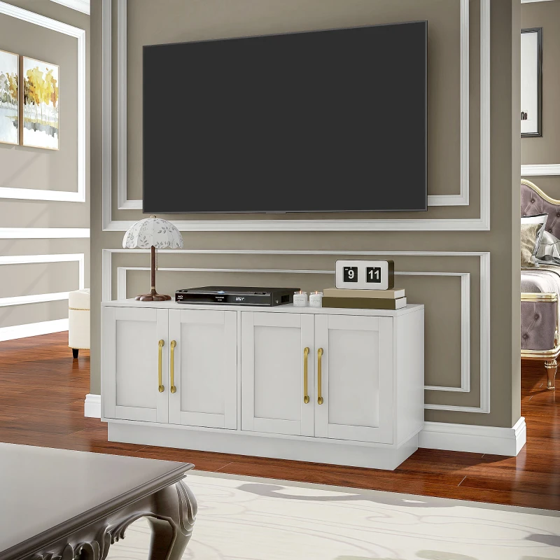 HOMCOM Modern TV Stand for up to 55" TV, TV Cabinet with 4 Soft Hinged Doors, 4 Cable Holes and 2 Adjustable Shelves, White