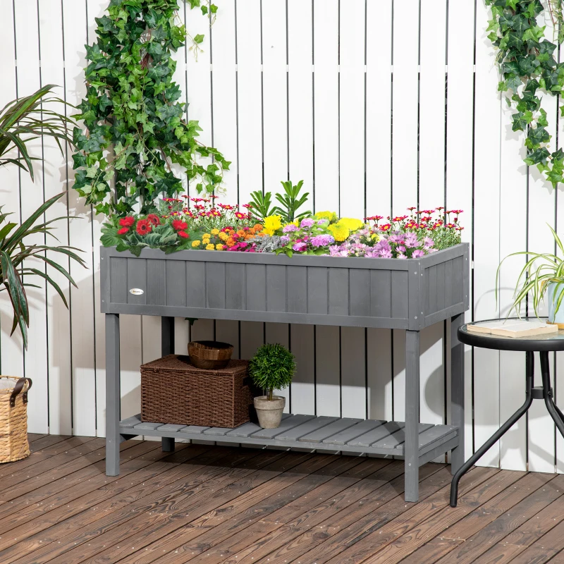 Outsunny Wooden Raised Garden Bed, Elevated Planter Box Stand with 8 Slots and Open Shelf, Dark Gray