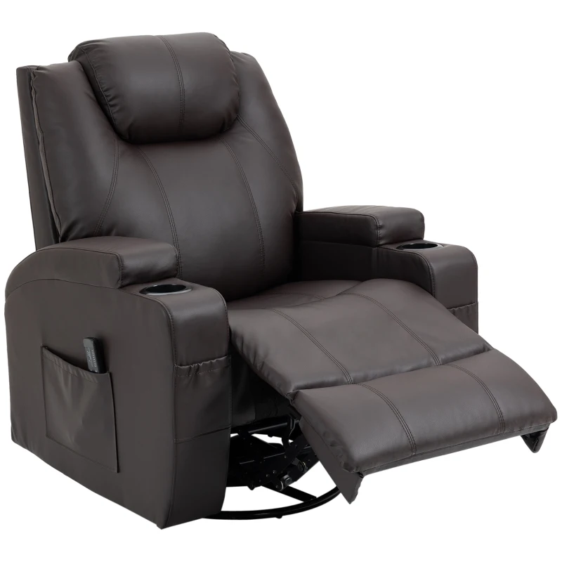 HOMCOM Massage Recliner Chair, Swivel Nursery Rocker Chair, Manual Reclining Sofa with 8 Vibration Points, PU Leather, Cup Holders, Side Pockets, for Living Room, Brown