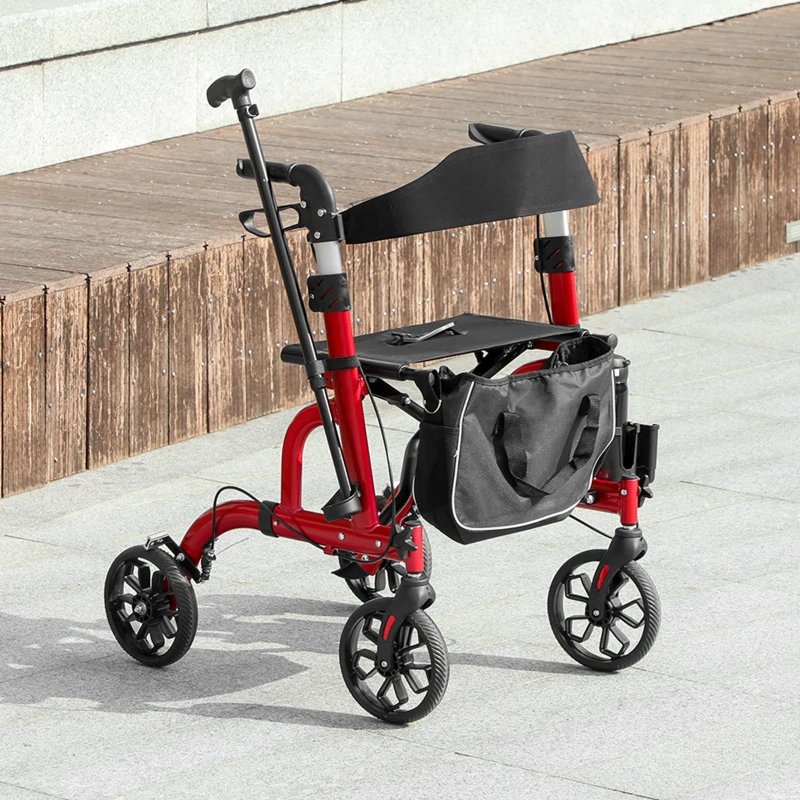 HOMCOM Rollator Walker for Seniors and Adults with 8'' Wheels, Padded Seat and Backrest,  Storage Bag Red