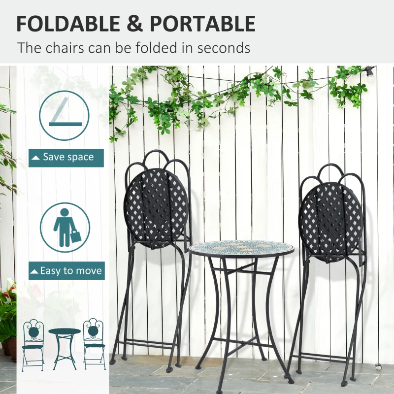Outsunny 3-Piece Patio Bistro Set with Folding Chairs, Outdoor Coffee Set with Mosaic Top for Backyard, Balcony, Poolside, Green