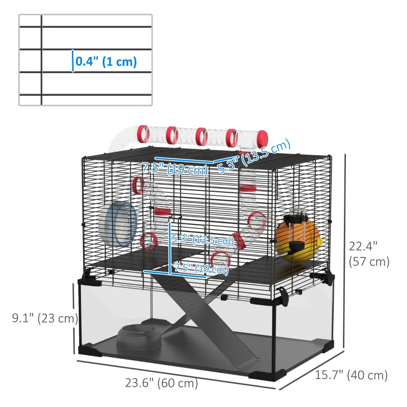 PawHut Hamster Cage with Deep Glass Bottom, Tunnel Tube System, Platforms, Hut, Exercise Wheel, Water Bottle, 24" x 16" x 22"