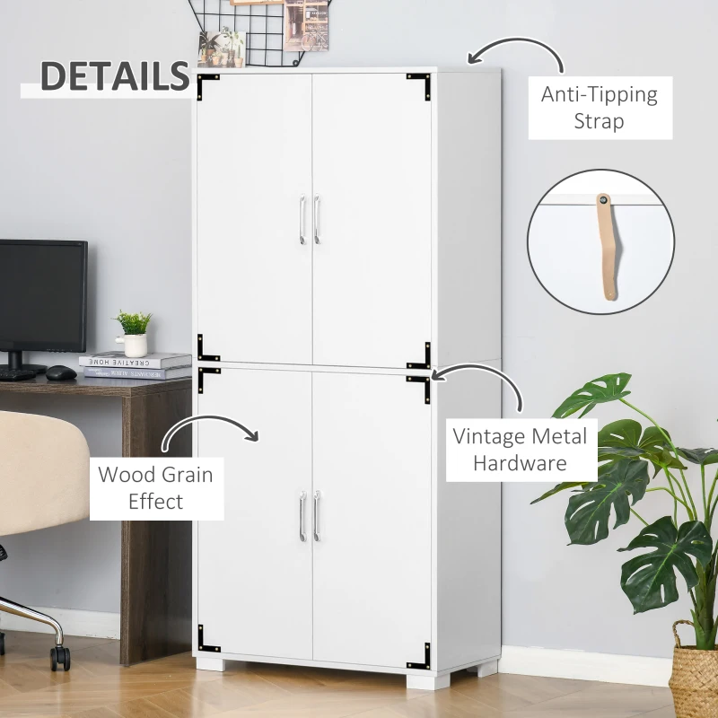 HOMCOM Industrial Kitchen Pantry Cabinet with 4 Doors and Storage Shelves, Freestanding Storage Cabinet, White