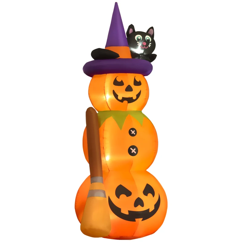 Outsunny 6' Cute Halloween Decoration Inflatable Pumpkin Man with Black Cat and Broom, Blow-Up LED Yard Display Indoor Outdoor for Garden, Lawn, Party, Holiday