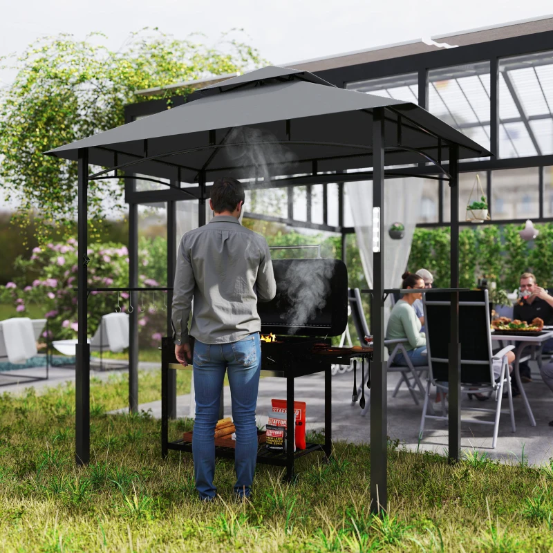 Outsunny 8' x 5' Grill Gazebo, Double Tiered BBQ Gazebo with LED Light, 2 Side Shelves, Hooks and Bottle Opener, Dark Grey