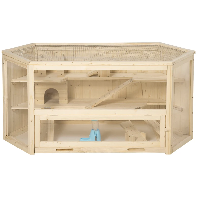 PawHut Wooden Large Hamster Cage Mouse Rats Small Animal Exercise Play House 3 Tier with Tray, Seesaws, Water Bottle