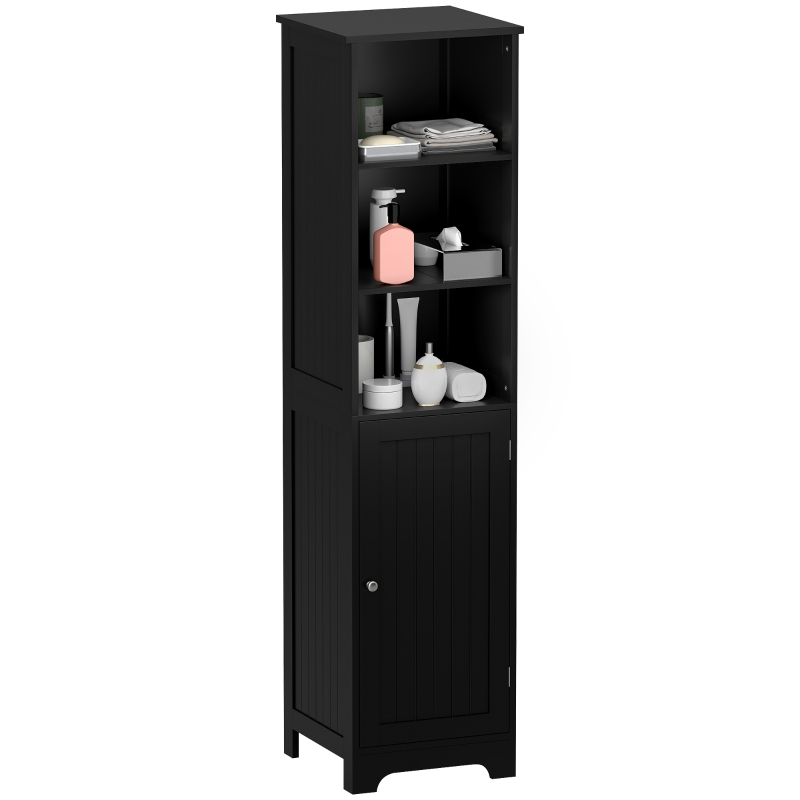 kleankin Tall Bathroom Storage Cabinet, Freestanding Tower Cabinet with Adjustable Shelf, 3 Open Shelves, Black