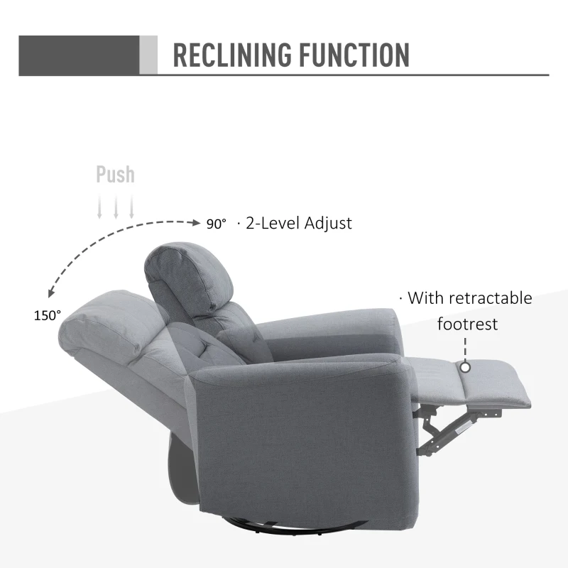 HOMCOM Manual Recliner Swivel Rocker Chair Theater Chair Single Sofa with Linen Fabric for Living Room Bedroom, Grey