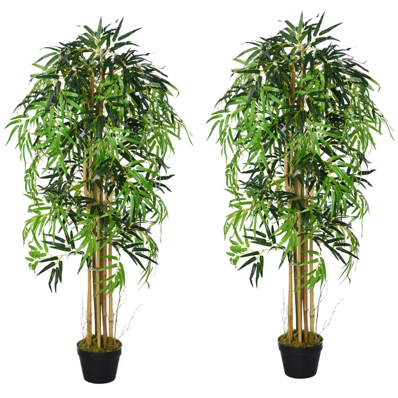 Outsunny Set of 2 5FT Artificial Tree Bamboo Tree Fake Plants in Pot for Home Office Living Room Decor, Green