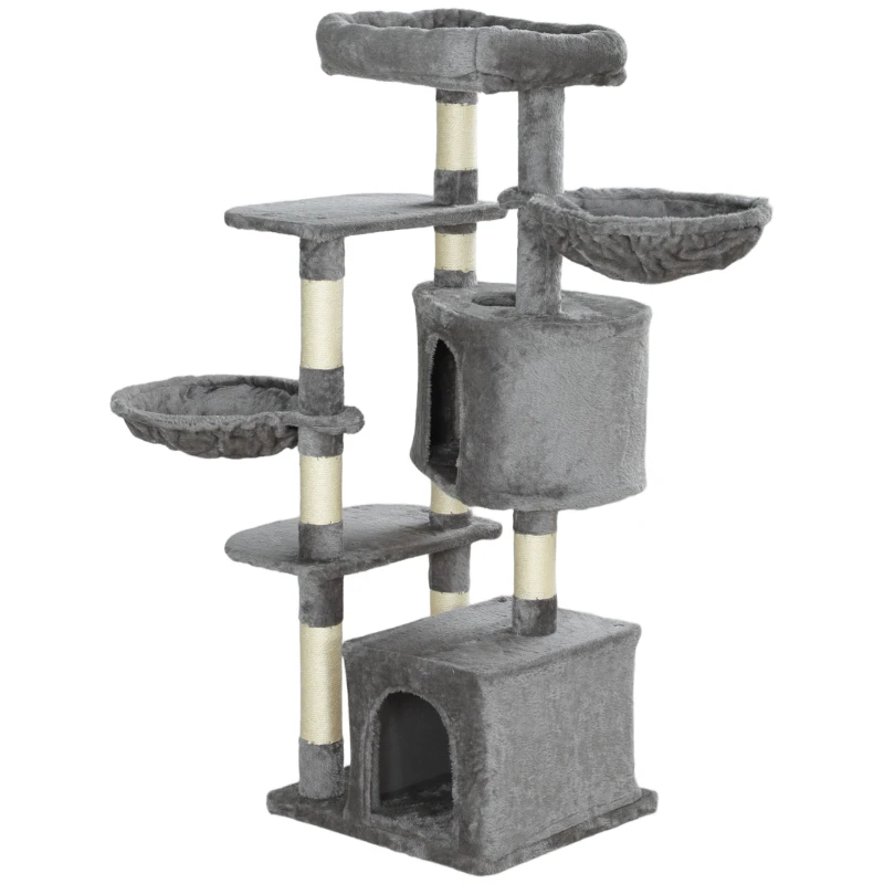 PawHut 52.5" Cat Tree Tower with Scratching Posts, Cat Condos, Bed, Platforms, Hammocks, for Indoor Cats, Grey
