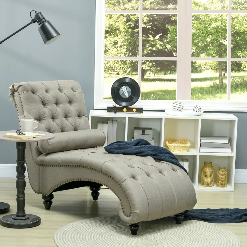 HOMCOM Button Tufted Chaise Lounge Chair Indoor Upholstered Lounge Chair with Bolster Pillow Wood Legs Nailhead Trim for Living Room Bedroom Home Office Beige