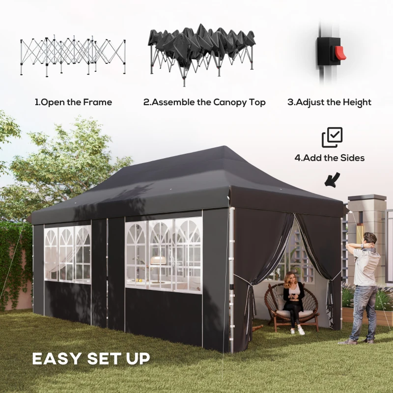 Outsunny 20x10 Pop Up Canopy with 6 Removable Sidewall, Carry Bag and 6 Sand Bags, Height Adjustable Instant Sun Shelter, Grey