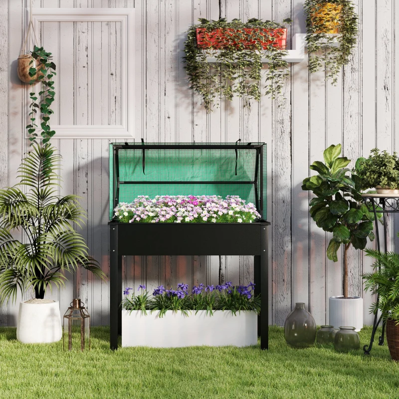 Outsunny Raised Garden Bed Planter with PE Greenhouse Cover, Elevated Garden Bed Box with Drainage Hole for Flowers, Black