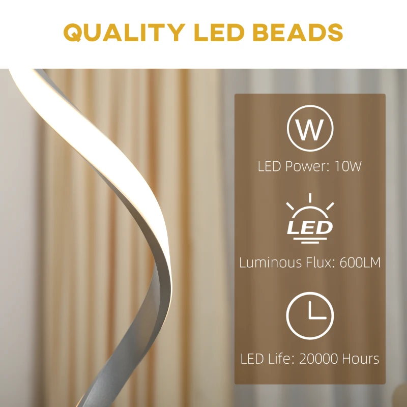 HOMCOM Modern Spiral Floor Lamp, LED Standing Lamp Warm White with Square Base and Foot Switch for Living Room, Bedroom, Set of 2, Silver